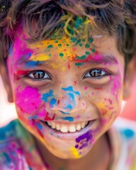 Obraz premium Joyful Child's Face Covered in Vibrant Holi Colors, Smiling Happily