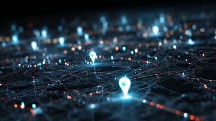 Nighttime city map with glowing location pins, gps navigation routes, tracking system, and logistics delivery network illustrating modern urban distribution and transportation flow