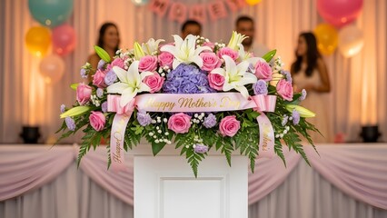 Beautiful floral arrangement on a white pedestal at a wedding reception