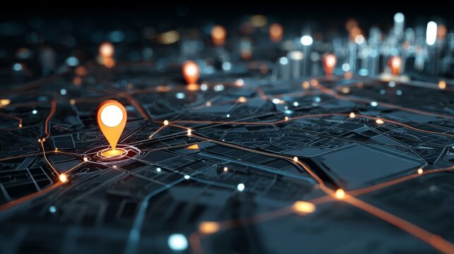 Nighttime city map with glowing location pins, gps navigation routes, tracking system, and logistics delivery network illustrating modern urban distribution and transportation flow