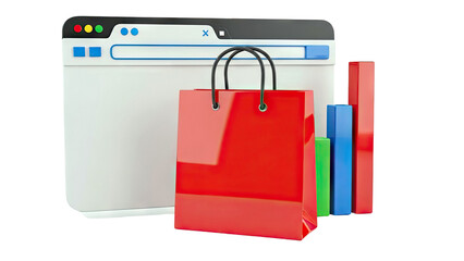 E-commerce concept: shopping bag, browser window, and bar chart