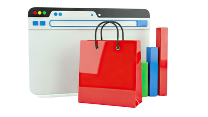 E-commerce concept: shopping bag, browser window, and bar chart