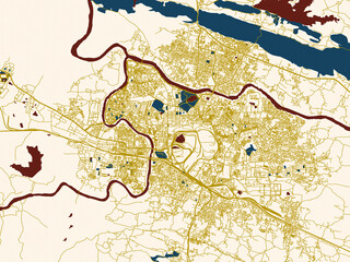 Fototapeta premium City map of Jamshedpur, India – dark red water and warm gold roads