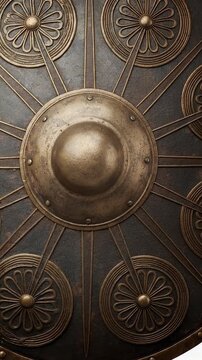 Antique Viking Shield Ornate Metal And Wood Close Up Detail