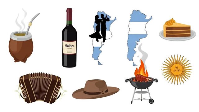 Argentina National Symbols Flat Design Icons in Pixel Art Style