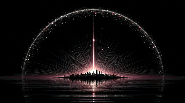 Futuristic cityscape with radiant light and starry sky backdrop - Powered by Adobe