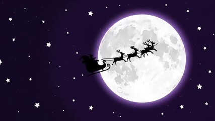 Santa Claus flying with reindeer in front of the full moon on a starry night. - Powered by Adobe