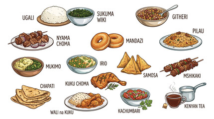 Assorted traditional Kenyan dishes and drinks illustrated in a grid layout showcasing local cuisine