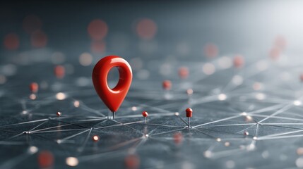 Red location pin standing out on a connected virtual map, symbolizing global navigation, digital mapping, network connections, and location-based technology concept