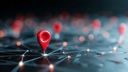 Red location pin standing out on a connected virtual map, symbolizing global navigation, digital mapping, network connections, and location-based technology concept
