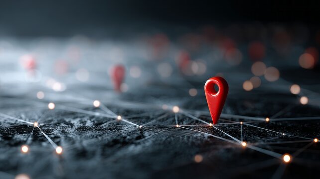 Red location pin standing out on a connected virtual map, symbolizing global navigation, digital mapping, network connections, and location-based technology concept - Powered by Adobe