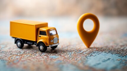 Miniature delivery truck on a map with location pin, symbolizing rural logistics, navigation, and local package delivery service concept