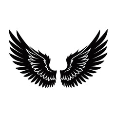 Obraz premium A striking black and white illustration of a pair of feathered wings spread wide.