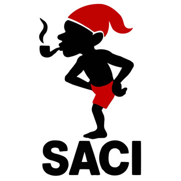 Vibrant illustration of Saci character in red hat and shorts