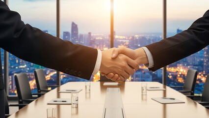 Business negotiation success, handshake with conference room and city view, panoramic banner