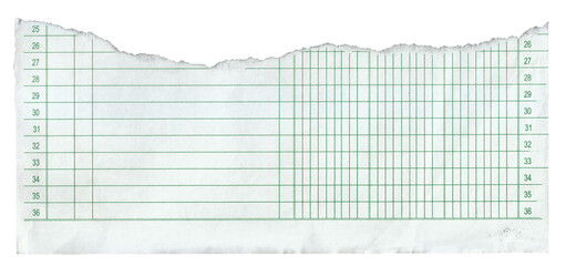 Torn Vintage Ledger Paper With Green Grid and Numbered Columns