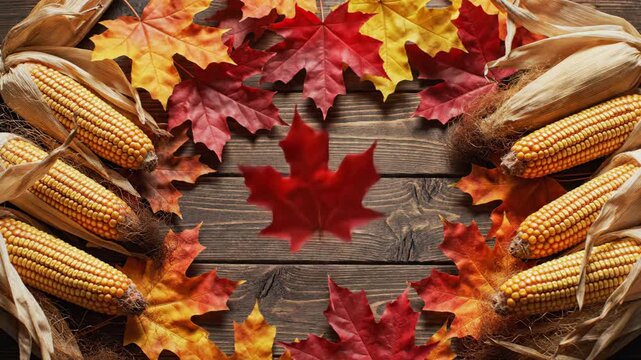 Autumn Harvest Frame - Overhead shot of a rustic wooden table framed with fall foliage, including red, yellow, and orange maple leaves along with dried corn cobs.