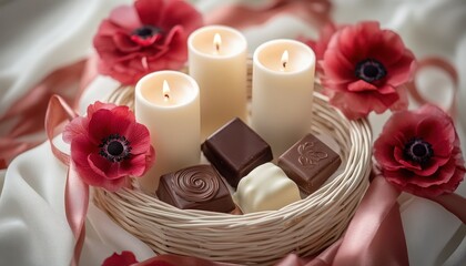 Three lit candles and assorted gourmet chocolates rest within a woven basket surrounded by rich red flowers and silky fabric