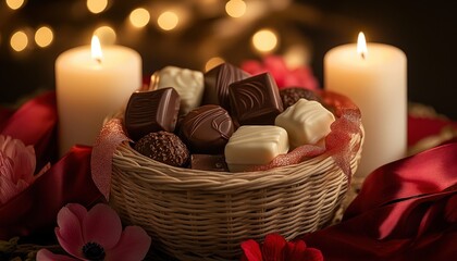 Assortment of gourmet chocolates presented in a wicker basket between two lit white candles