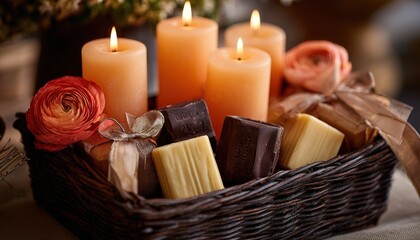 Illuminated pillar candles surround an assortment of fragrant bath soaps and floral accents within a woven container