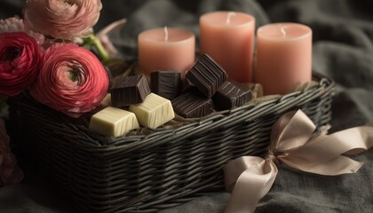 Elegant wicker basket arrangement features artisan chocolates, glowing candles, and vibrant bloom arrangement