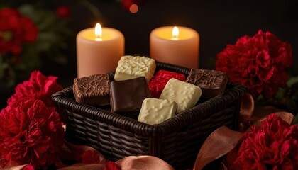 Assortment of gourmet chocolates displayed in a wicker basket beside glowing candles and deep red blossoms