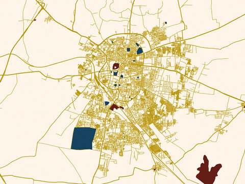 Flat city map of Solapur, India in gold street network with deep red water