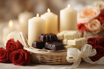 Several burning pillar candles accompany an arrangement of dark and white chocolates nestled in a woven basket surrounded by roses.