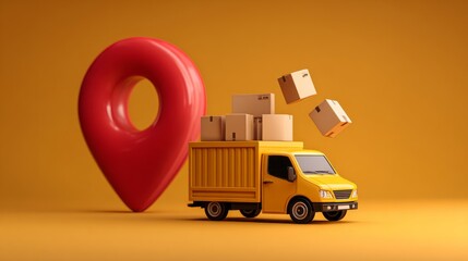 Yellow delivery truck with open cargo back and flying packages next to large red location pin, symbolizing fast parcel delivery, logistics services, and efficient shipping solutions