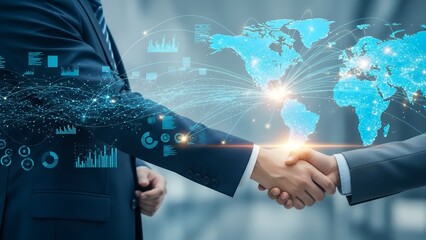 Global business cooperation, businessmen handshake with world map and data lines, wide panoramic banner