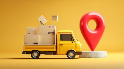 Yellow delivery truck with open cargo back and flying packages next to large red location pin, symbolizing fast parcel delivery, logistics services, and efficient shipping solutions