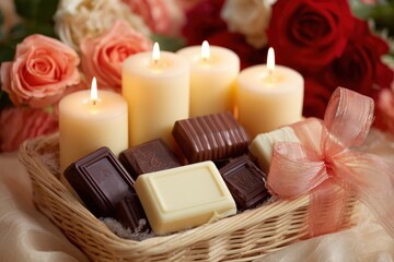 Burning pillar candles illuminate assorted chocolates nestled inside a woven basket adorned with a soft pink ribbon and surrounded by fresh roses