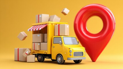 Yellow delivery truck with open cargo back and flying packages next to large red location pin, symbolizing fast parcel delivery, logistics services, and efficient shipping solutions