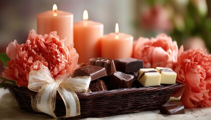 Assortment of fine chocolates and glowing candles arranged with delicate flowers and a decorative bow
