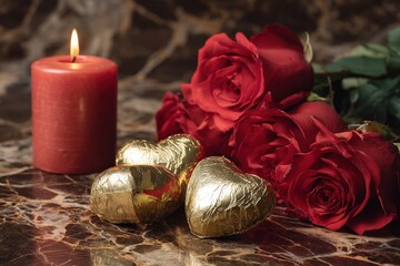Glowing candle rests beside red roses and gold wrapped confections on a polished surface