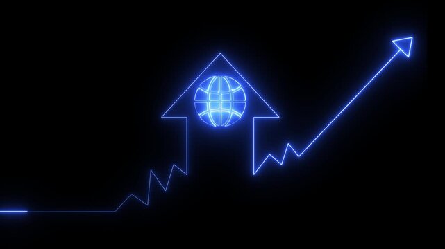Neon home icon with up arrow earth globe sign animation on black background. Business up indicator icon motion. Glowing home business graph icon 4k video footage.