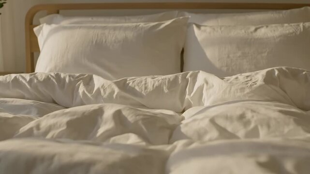 Rumpled Bedding in Soft Light - A close-up shot reveals a bed with white, rumpled bedding and two fluffy pillows resting against a wooden headboard.