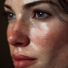 Fototapeta premium Hyperrealistic close-up of a woman's face, showcasing natural skin texture, freckles, and pores in detailed portraiture.