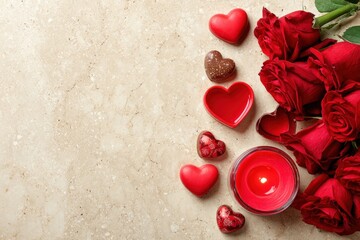 Arrangement of romantic symbols including red roses chocolates and a glowing candle on textured surface