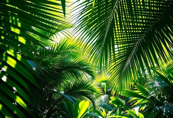Lush green palm fronds, sunlight dappled jungle floor,   wet,  texture