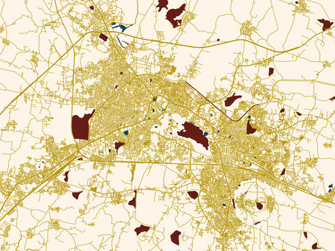 Urban map of Warangal, India in a flat palette: warm gold street grid over a cream background with bold deep-red water areas
