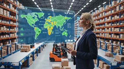 Warehouse Efficiency Dashboard - A business woman in a suit reviews a virtual dashboard overlayed on a busy warehouse, showing operational metrics and inventory tracking data. - Powered by Adobe