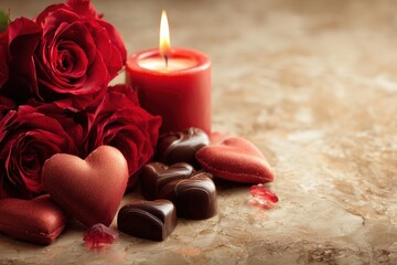 Rich red roses and assorted chocolates accompany a lit candle on a marbled surface