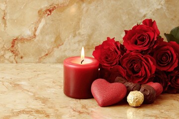Burning red candle rests beside a romantic arrangement of roses, chocolates, and heart shapes upon a marble surface