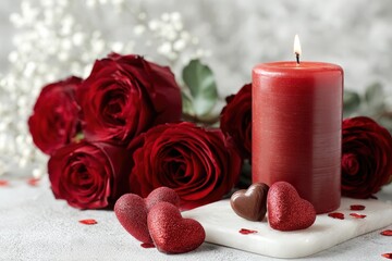 Burning red pillar candle rests beside deep red roses and heart shaped decorations