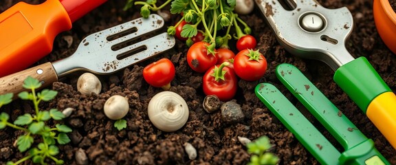 Close-up of assorted gardening tools, seeds, and potting soil,  tools of the trade,  growth