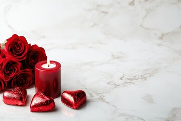 Deep red roses, a lit pillar candle, and foil-wrapped heart candies rest upon a bright marble surface