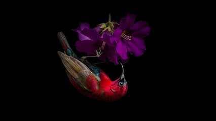 Fototapeta premium A vibrant red hummingbird sipping nectar from purple flowers against a dark background