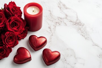 Rich red roses and shiny heart shaped candies accompany a burning pillar candle on a white marble surface