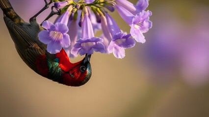Fototapeta premium A vibrant hummingbird feeds on nectar from purple flowers in a lush natural setting viewed from a close-up perspective.